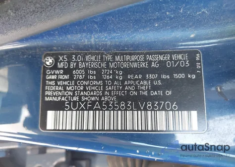 2003 BMW X5 3.0I из США, поврежденный, VIN 5UXFA53583LV83706